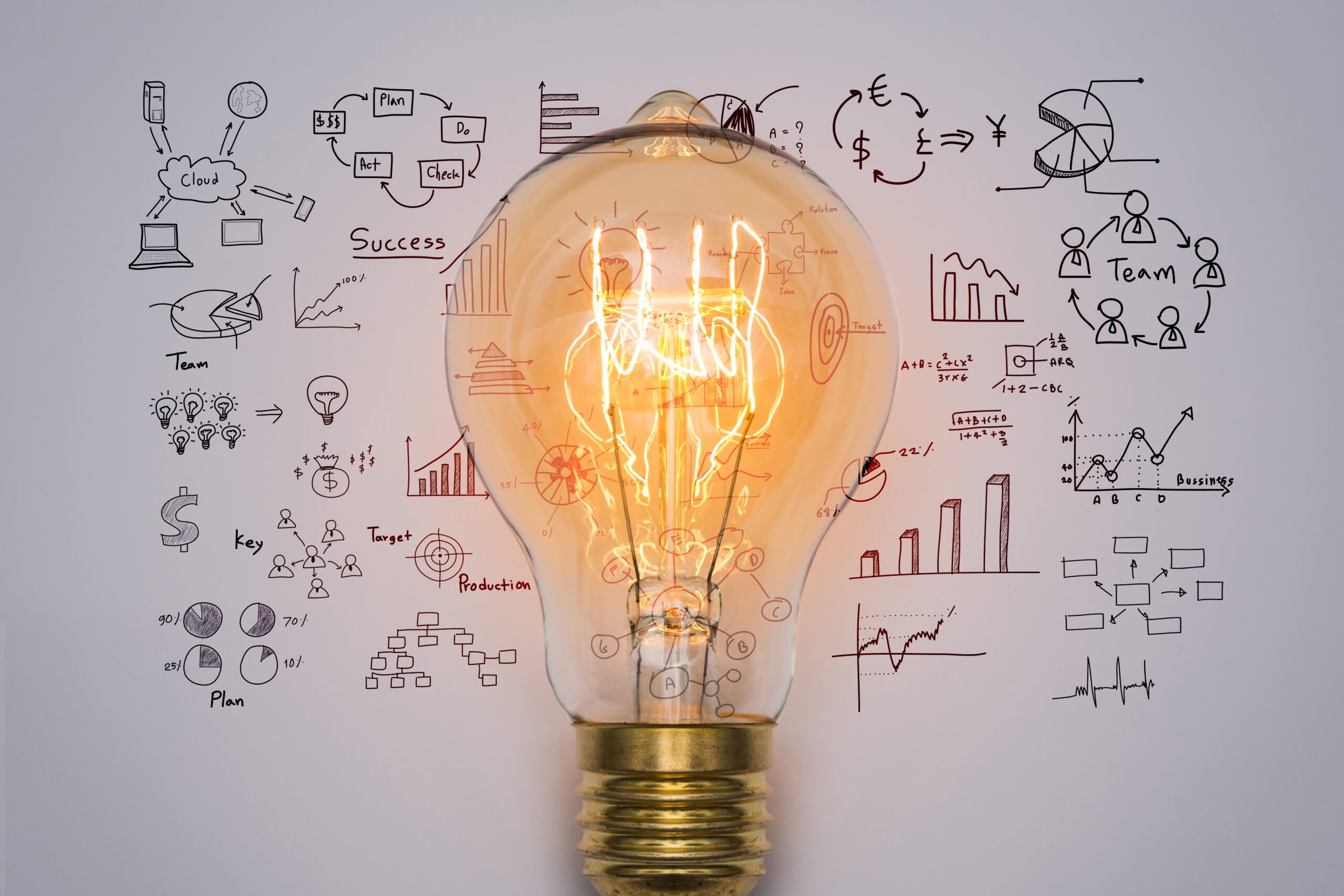 Lampada acesa com diagramas e anotações atrás.