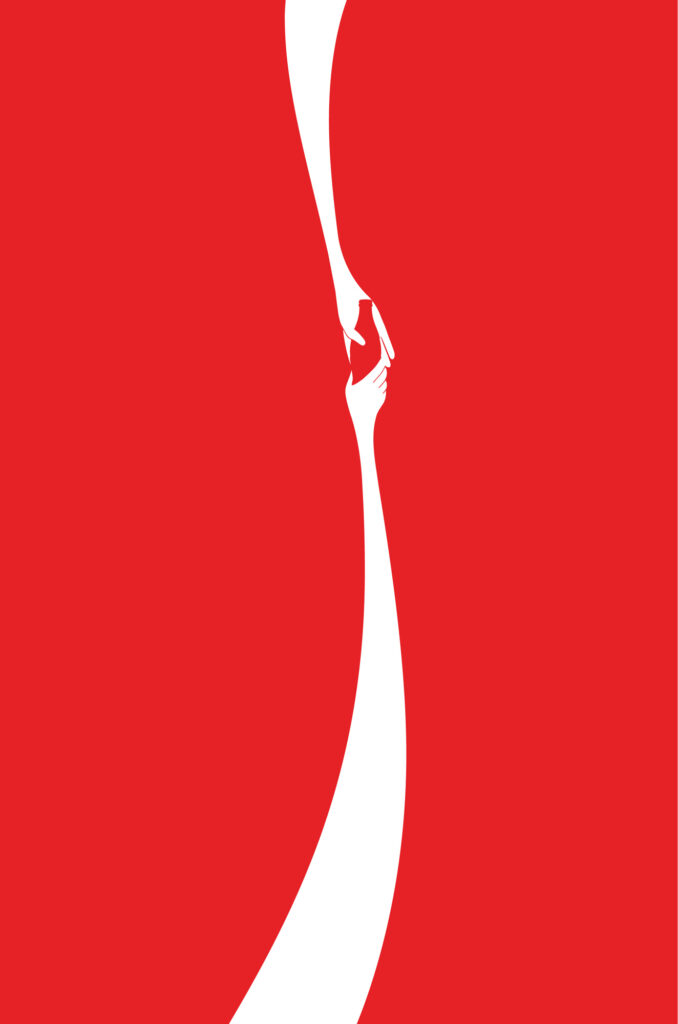 Imagem presente no texto "Criatividade também é estratégia", da Diversa Studio, para representar a contenção na comunicação. Nesta peça, podemos ver um fundo vermelho e o que parece ser a famosa onda da Coca-Cola. No entanto, quando olhamos de perto, vemos que na verdade elas representam duas mãos, uma entregando o refrigerante para a outra. Não existe texto na imagem.